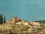an image of a painting of a house in the middle of a field
