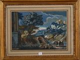 une image représentant un tableau de paysage avec un homme et un cheval