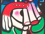 peinture abstraite représentant une femme portant un chapeau rouge et une robe verte