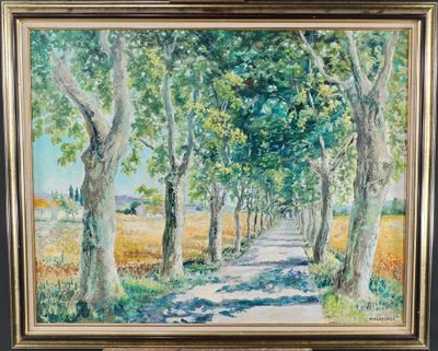 une peinture à l'huile représentant un chemin traversant un champ bordé d'arbres