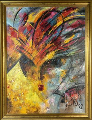 un tableau représentant un coq, dans un cadre doré, accroché au mur