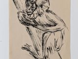 a drawing of a woman leaning against a tree with her arms crossed