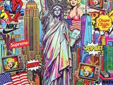 a painting of a statue of liberty surrounded by a lot of stickers
