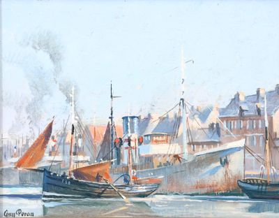 une peinture de bateaux dans un port avec des bâtiments à l'arrière-plan