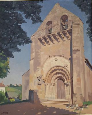 painting of a painting of a church with a clock tower