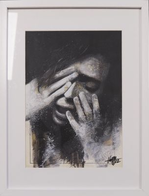painting of a woman covering her face with her hands in front of her face