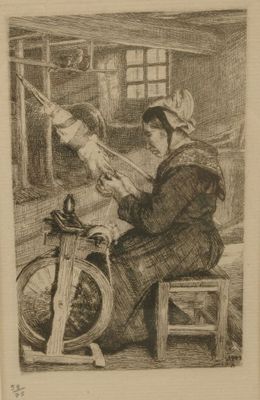 dessin représentant une femme travaillant sur un métier à filer dans une pièce