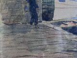 a picture of a painting of a man walking on a dock