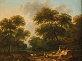 tableau représentant un paysage boisé avec des chevaux et des cavaliers sur un chemin de terre