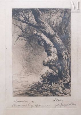 a drawing of a tree with a snake hanging from it ' s trunk