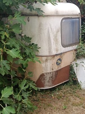 une vieille caravane qui est garée dans l'herbe