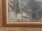 an oil painting of a man sitting at a table in front of a window