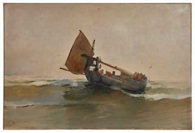 une peinture représentant un bateau sur l'eau, avec une voile