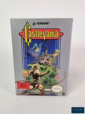 La boîte du jeu Castlevania est posée sur une surface blanche.