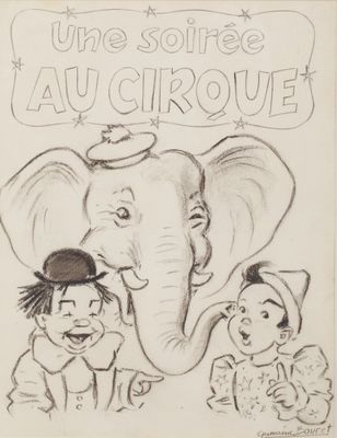 dessin représentant un éléphant et deux enfants devant une affiche de cirque