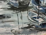 painting of a couple of boats floating on top of a body of water