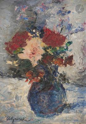 painting of a blue vase with red and white flowers in it