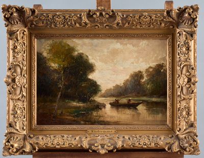 an oil painting of a boat on a river with trees in the background