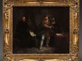 a painting of a man holding a book in front of a group of men