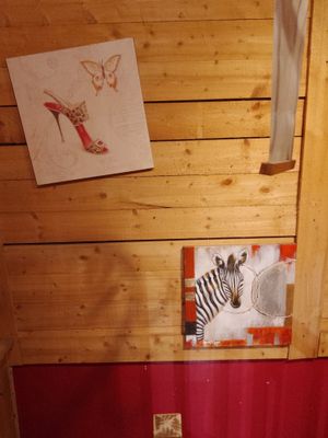 a bathroom with a toilet, sink, and pictures on the wall