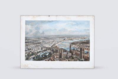 un tableau représentant une vue de ville avec une rivière au premier plan