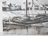 a painting of a boat in the snow by the water