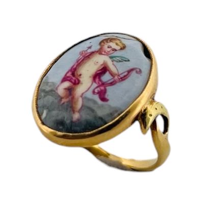 Bague en or jaune 18K (750) ornée d'une miniature peinte fig…