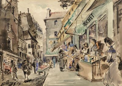 une peinture représentant une scène de rue avec des personnes marchant dans la rue