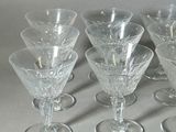 six wine glasses are lined up in a row on a table