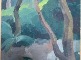 peinture à l'huile d'une scène de forêt avec des arbres au premier plan