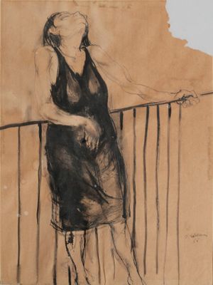 dessin représentant une femme en robe noire appuyée contre une balustrade