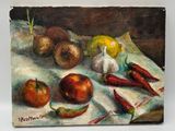 un tableau représentant une nature morte avec des légumes posés sur une table