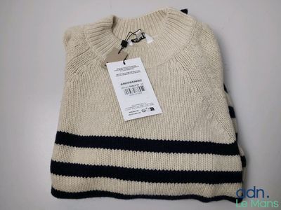 a close up of a sweater with a tag on it