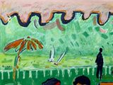 un tableau représentant des personnes assises sur un banc dans un parc