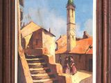 an oil painting of a woman walking down a street with a clock tower in the background