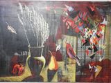 a painting of birds and flowers in a vase on a table