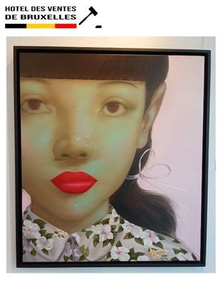 painting of a woman with red lipstick and a hat on a wall