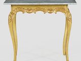 une table console en or avec un plateau en marbre sur fond blanc