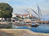 a painting of a harbor scene with boats on the water