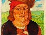 un tableau représentant un homme portant un bonnet rouge et une écharpe rouge