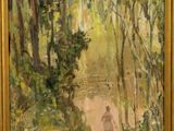 une peinture à l'huile représentant une personne se promenant dans une zone boisée