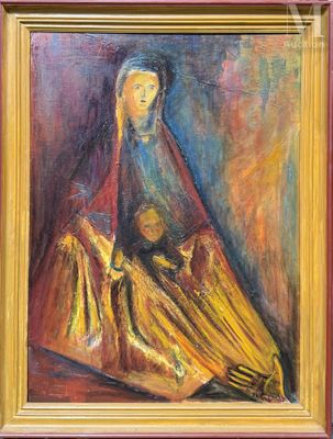 une peinture à l'huile représentant une femme avec un enfant sur les genoux