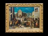 une peinture à l'huile représentant une scène de rue avec une foule de gens