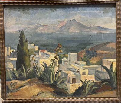une peinture à l'huile représentant une vue d'une ville avec une montagne en arrière-plan
