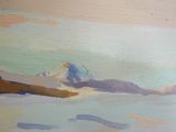 peinture représentant une personne sur une planche de surf, chevauchant une vague dans un plan d'eau