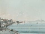 une peinture représentant une vue d'un port avec des bateaux dans l'eau