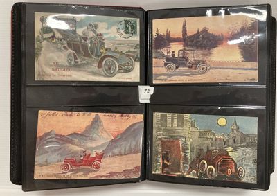 four different pictures of old cars are on display in a display case