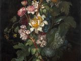 painting of flowers in a vase on a table with a black background