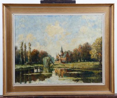 an oil painting of a landscape with a church in the distance