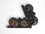 a picture of a pair of shoes and a pair of glasses on a shelf